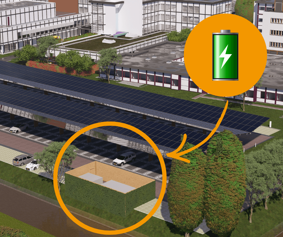 Impressie van de locatie van het batterijopslagsysteem op het ziekenhuisterrein
